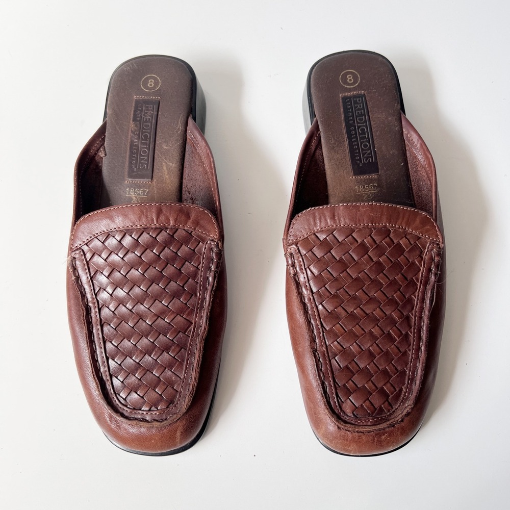 Vintage 90s Woven Leather Slip On Mule Loafers Size 8 Brown Square Toe Fisherman